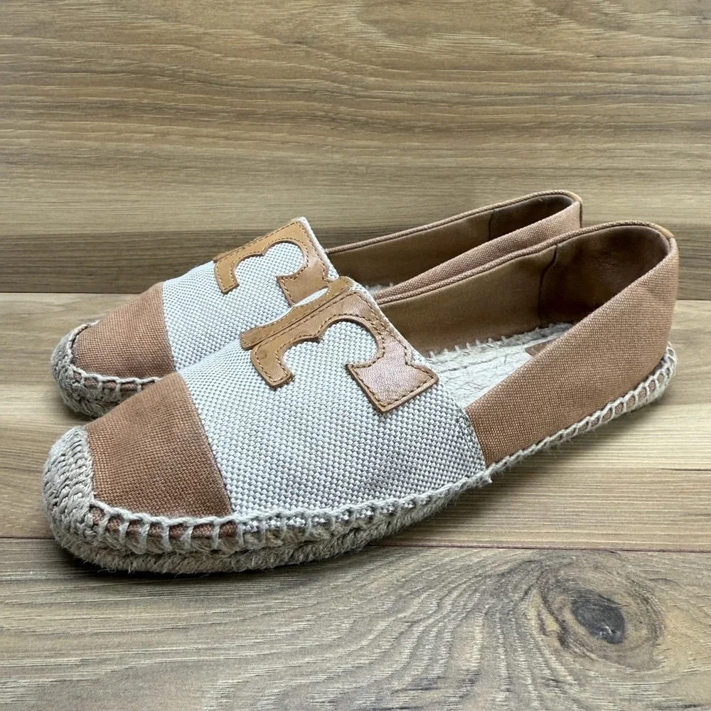 Tory Burch Cream and Tan Canvas Espadrilles with Logo Trim